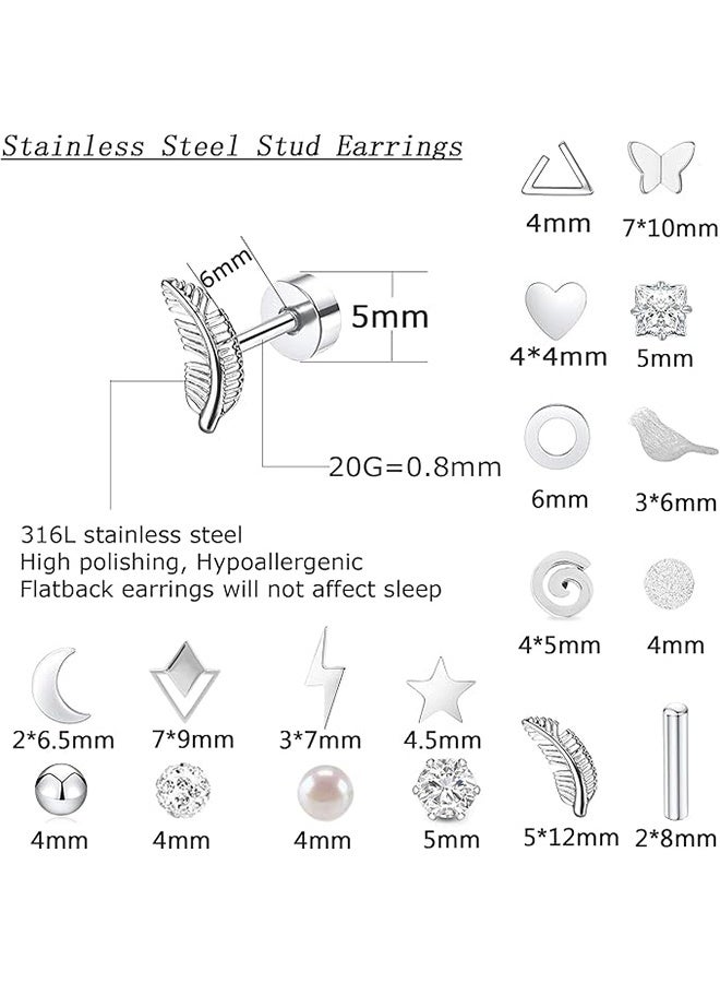 18 Pairs Stainless Steel Stud Earrings Set for Women Men Star Moon Triangle Heart Leaf 20G Cartilage Earrings Hypoallergenic Flatback Earrings Piercing Jewelry - Image 2